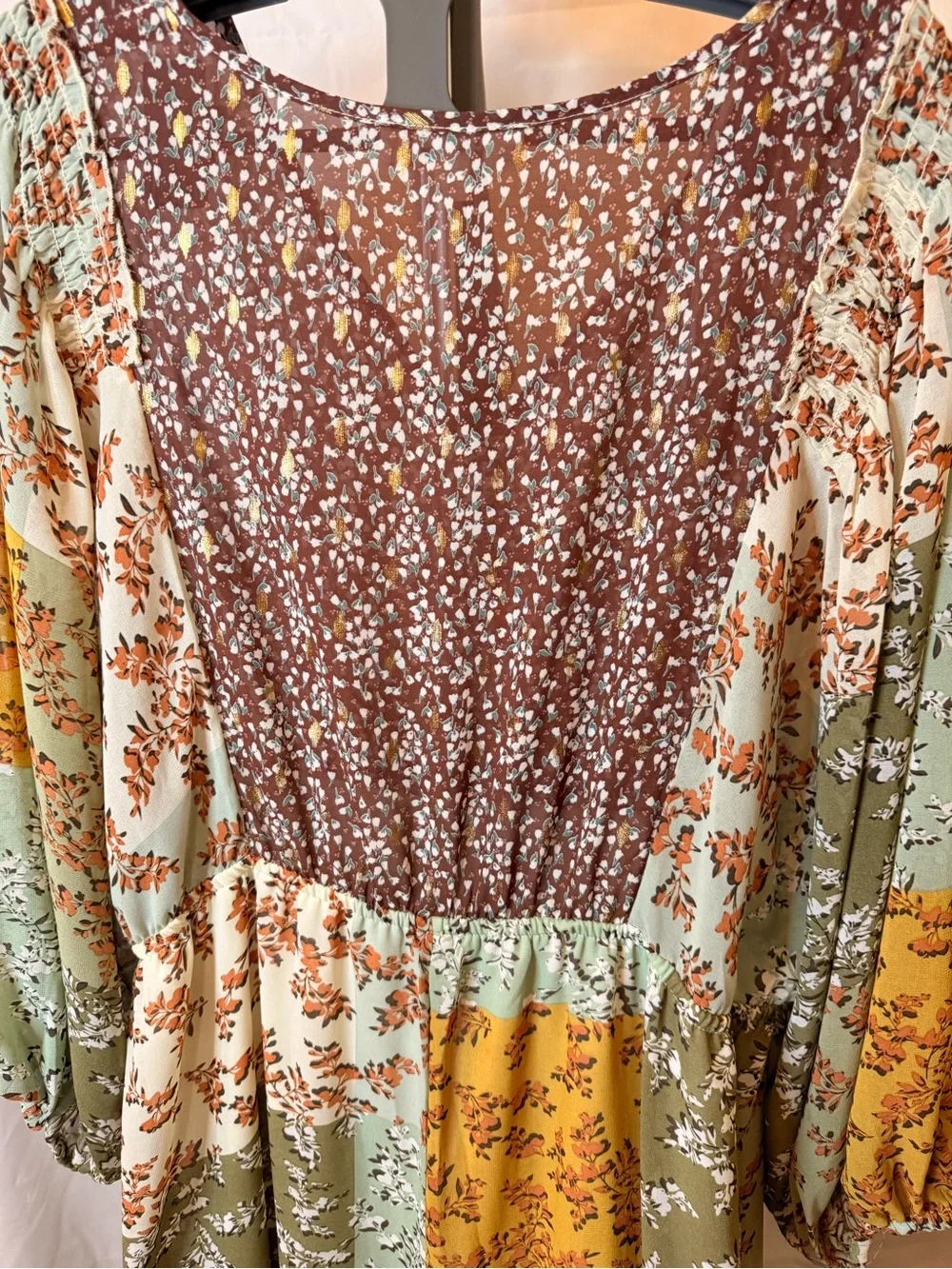Umgee Women’s size XL Boho Patchwork Floral Maxi Dress - Sage, Mustard & Brown - Picture 8 of 9